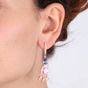 Orecchini in Argento 925 pendenti con zircone rosa centrale, impreziosito da  gocce di zirconi multicolore