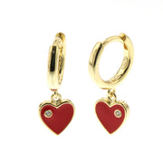 925 Silver earrings with red enamelled heart-shaped pendants and white crystal detail