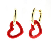 Yellow gold plated oval earrings in 925 Silver with red enamelled heart-shaped pendants