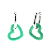 Rhodium-plated oval earrings in 925 Silver with green enamelled heart-shaped pendant