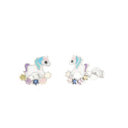 Unicorn-shaped earrings in 925 silver embellished with colored crystals in the shape of a flower