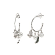 Earrings in 925 Silver circles with flowers, leaves and pearls embellished with zircons