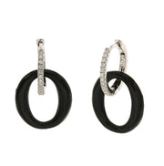 925 Silver circle earrings with snap closure studded with zircons and black enamel circle