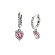 Earrings in 925 Silver with snap closure made with zircons and heart-shaped pendant with pink zircon