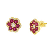 Earrings in 925 Silver with red flower-shaped zircons