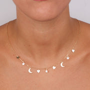 Collana in Argento 925  con pendenti a forma di cuori, stelle, lune con zirconi bianchi