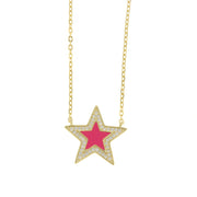 925 Silver necklace with star embellished with white zircons and fuchsia enamel