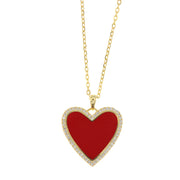 Necklace in 925 Silver with heart embellished with white zircons and red enamel