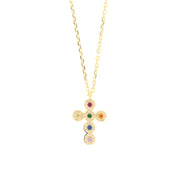 925 Silver necklace with cross studded with white and multicolor zircons