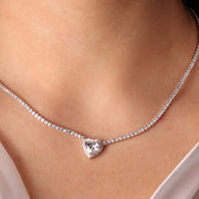 Collana in Argento 925 girocollo tennis con cuore tempestato da zirconi bianchi