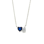 Necklace in 925 Silver with white zircons in the shape of a blue heart and a drop