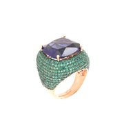 925 Silver ring with large purple central zircon and emerald green zircons