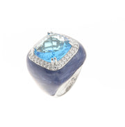 Blue enamelled 925 Silver ring with central blue zircon and white zircons