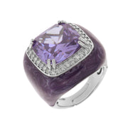 Purple enamelled 925 Silver ring embellished with a central lilac zircon and white zircons