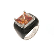 Black enamelled 925 Silver ring with large central topaz-colored zircon embellished with white zircons