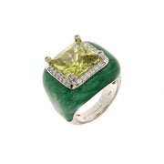 Green enamelled 925 Silver ring with large central green zircon embellished with white zircons