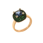 925 Silver ring with green zircons and central blue zircon