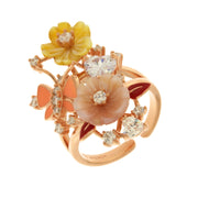 925 Silver ring with mother of pearl flowers embellished with colored zircons