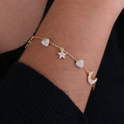 Bracciale in Argento 925 con ciondoli a forma di cuore, luna, stella, con zirconi bianchi