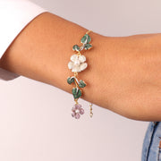 Bracciale in Argento 925 con foglie e fiori impreziositi da perle e zirconi colorati