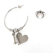 Steel earrings on one side in a circle with shiny arrow and heart pendants, and on the other side a shiny lobe heart