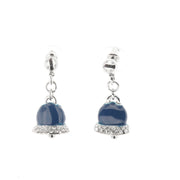 Metal earrings with blue enameled lucky bells and white crystals