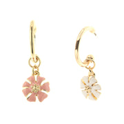 Metal earrings with pendants in the shape of daisies with white and pink enamel