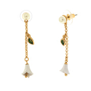 Metal earrings with white pearl lobe detail and hanging calla lily-shaped bells