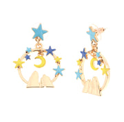 Metal earrings with star and circle pendants with starry sky and stacks embellished with colored enamels