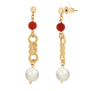 Metal earrings with coral and pearl