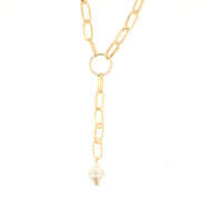 Metal necklace with interwoven chains and pearl pendant