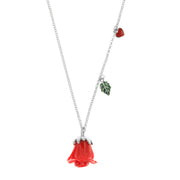 Metal necklace with pendants in the shape of a red rose, leaf and heart embellished with colored enamels