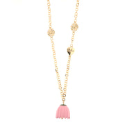 Metal necklace with details in the shape of a flower, heart and pendant bell in the shape of a pink campanula flower