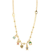 Metal necklace with pendants embellished with enamels in the shape of a padlock, a girl, a heart, a boy and a house with a heart