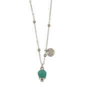 Metal necklace with aqua green pendant lucky bell, embellished with a light point