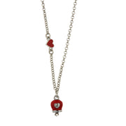 Metal necklace with red heart detail and red lucky bell with central heart and white crystals