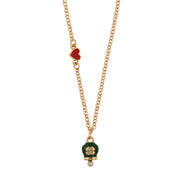 Metal necklace with heart and green lucky bell with four-leaf clover