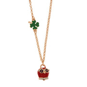 Metal necklace with four-leaf clover and lucky owl bell with red enamel and white crystals