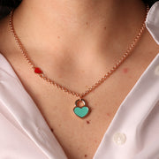 Collana in Metallo con cuore rosso e lucchetto a cuore con smalto turchese