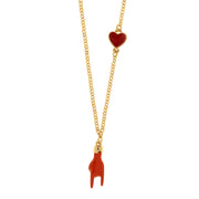 Metal necklace with pendant in the shape of horns for good luck and red heart