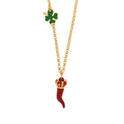 Metal necklace with lucky horn embellished with red enamel