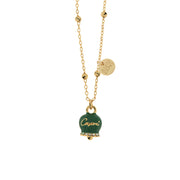 Metal necklace lucky charm bell in green enamel, with Capri writing in relief and white crystals