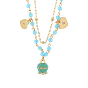 Metal necklace with turquoise enamelled bell and hanging hearts