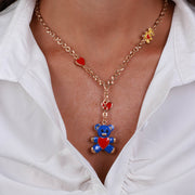 Collana in Metallo con orsetto blu e cuori rossi