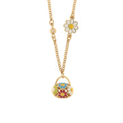 Metal necklace with handbag embellished with colorful flowers