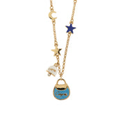 Metal necklace with blue Capri bag, small white bell and stars