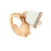 Metal ring with lucky bells with white enamel and white crystals