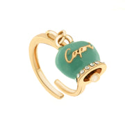 Metal ring with marine green lucky bell, with Capri writing in relief and white crystals