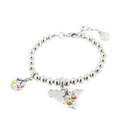 Ball link metal bracelet with pendant charms symbolizing Sicily with trinacria, embellished with colored enamel