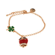 Metal bracelet with four-leaf clover and lucky owl bell with red enamel and white crystals